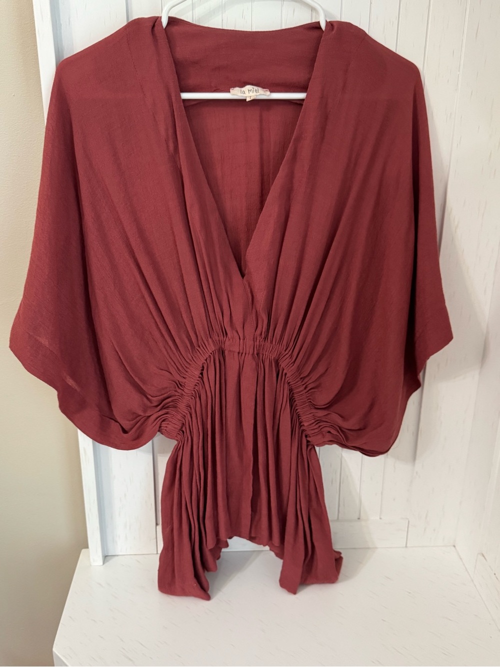 La Miel, Terracotta Rust, Blouse, Dolman Sleeves, Cinched Waist, Flowy, Size L